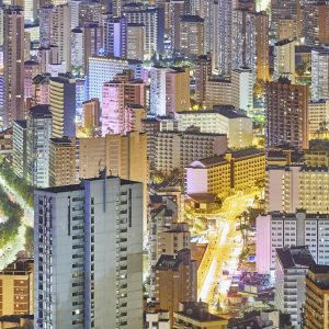 Spanish tourist coastline skyline by night. Benidorm, Alicante. Spain